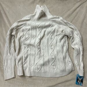 Cupcakes and Cashmere Cowlneck Sweater, White, Cozy, Size XL Cable Pattern